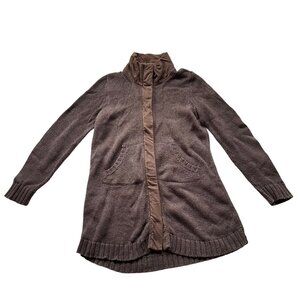 Eileen Fisher long cardigan sweater, brown organic cotton, zipper, collared, poc